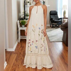 Especia sleeveless beige floral embroidered linen Lagenlook maxi dress sz M